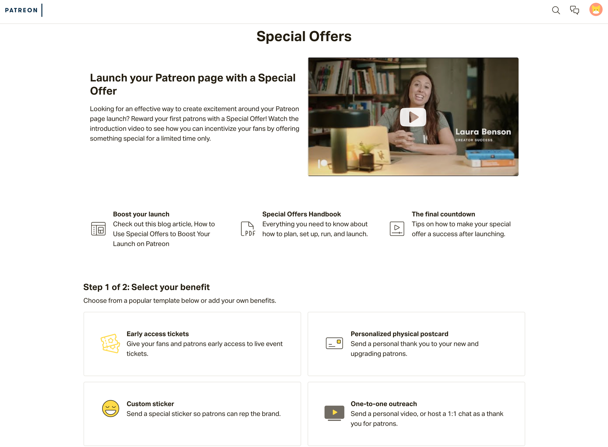 The special offers page when logged into a Patreon creator account