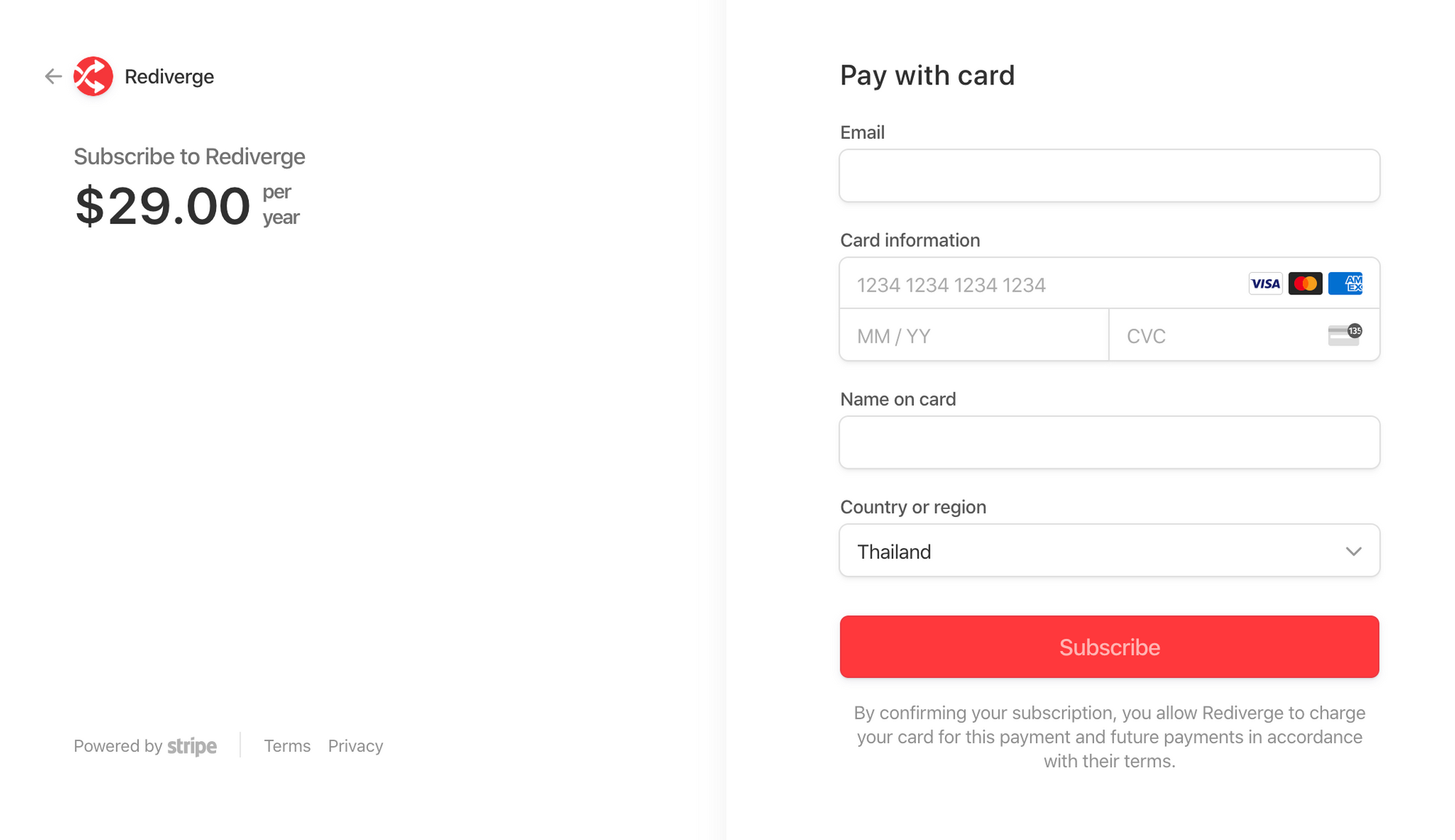 Rediverge sign up page powered by Stripe