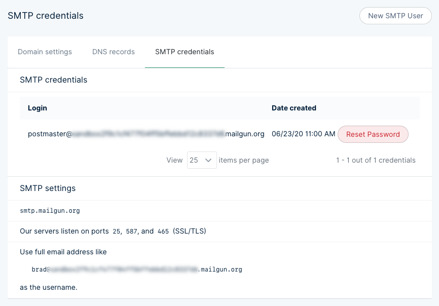 Mailgun SMTP settings view