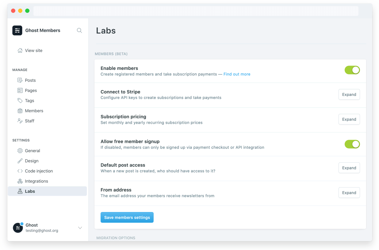 Member settings in Ghost Admin