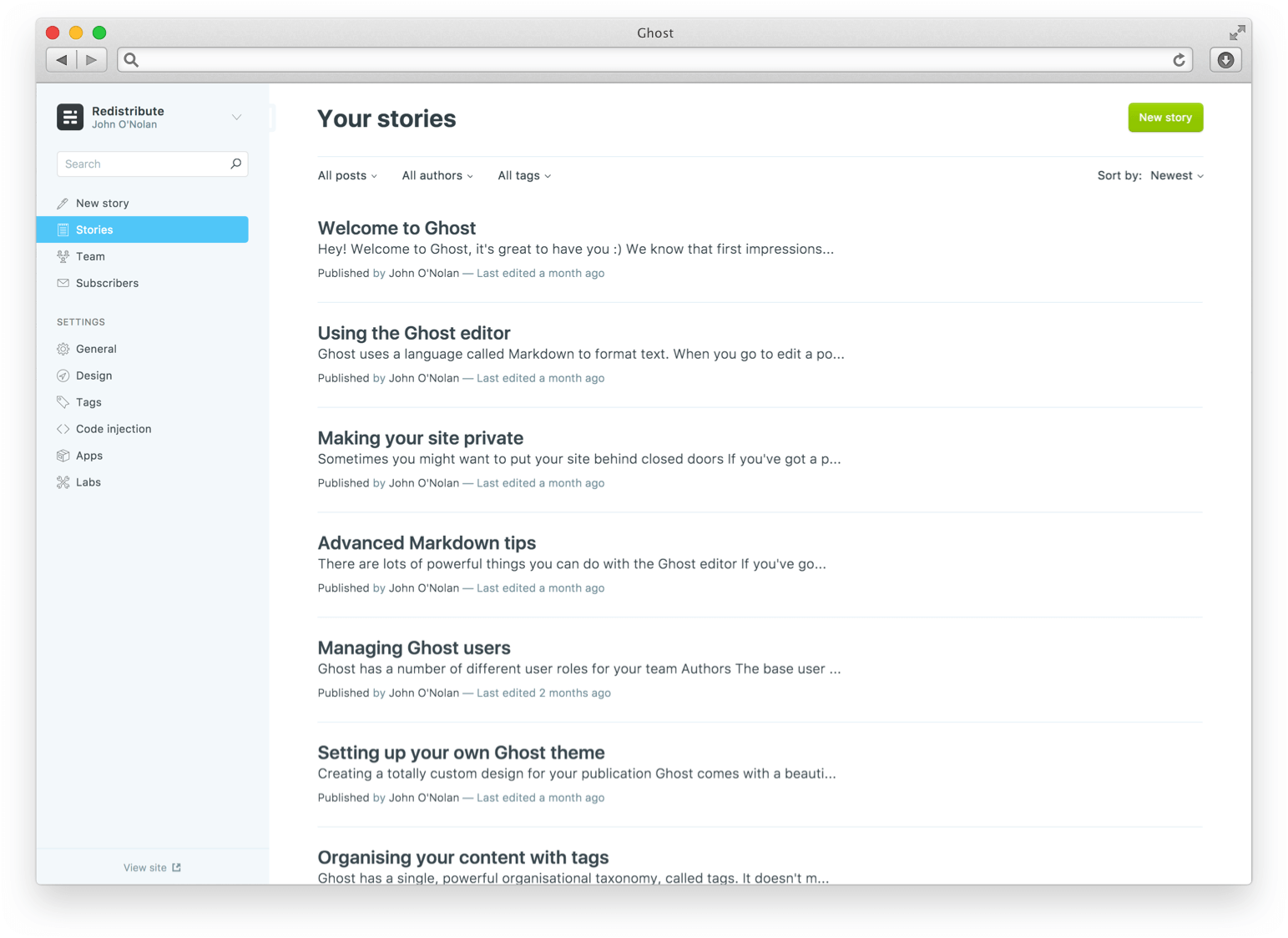 Content management screen