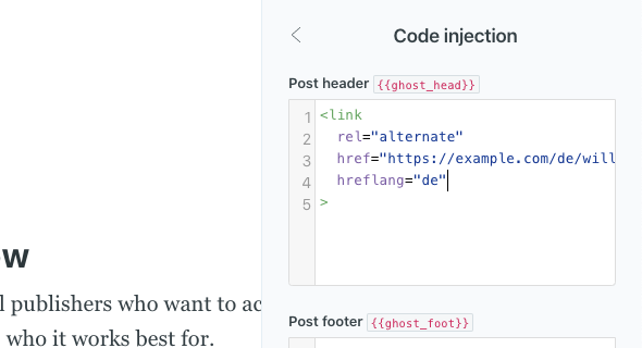 Adding alternate language meta data to the ghost head code injection field within the post settings