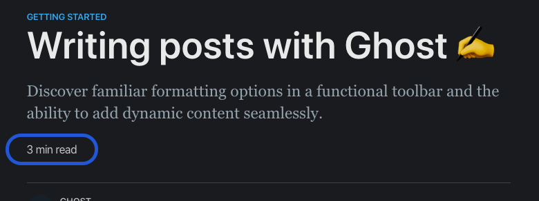 Example of reading time on a blog post, circled in blue