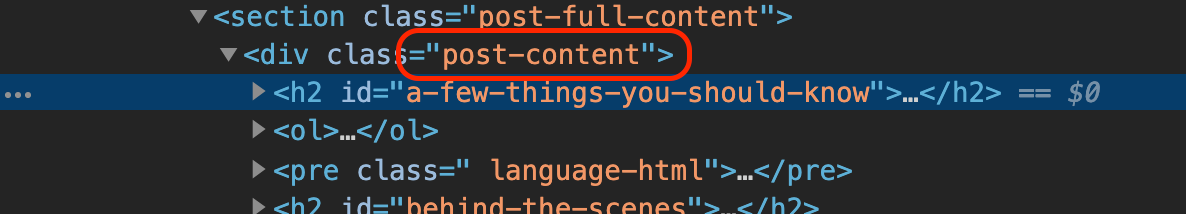 HTML view of the post content highlighting the post content wrapping element