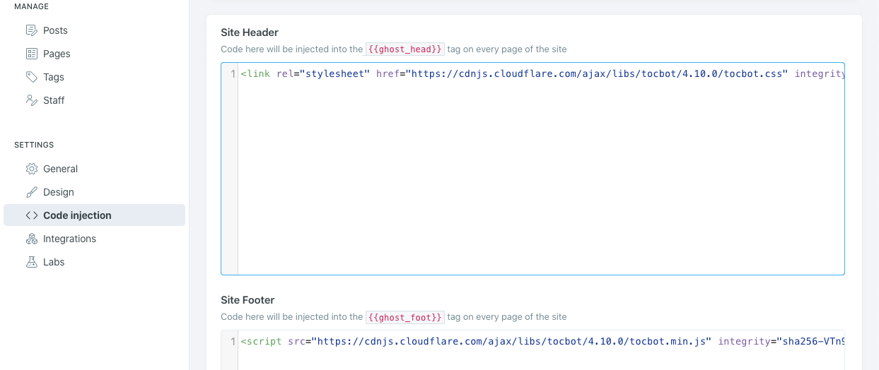 Tocbot being added to the two code injection areas within Ghost admin