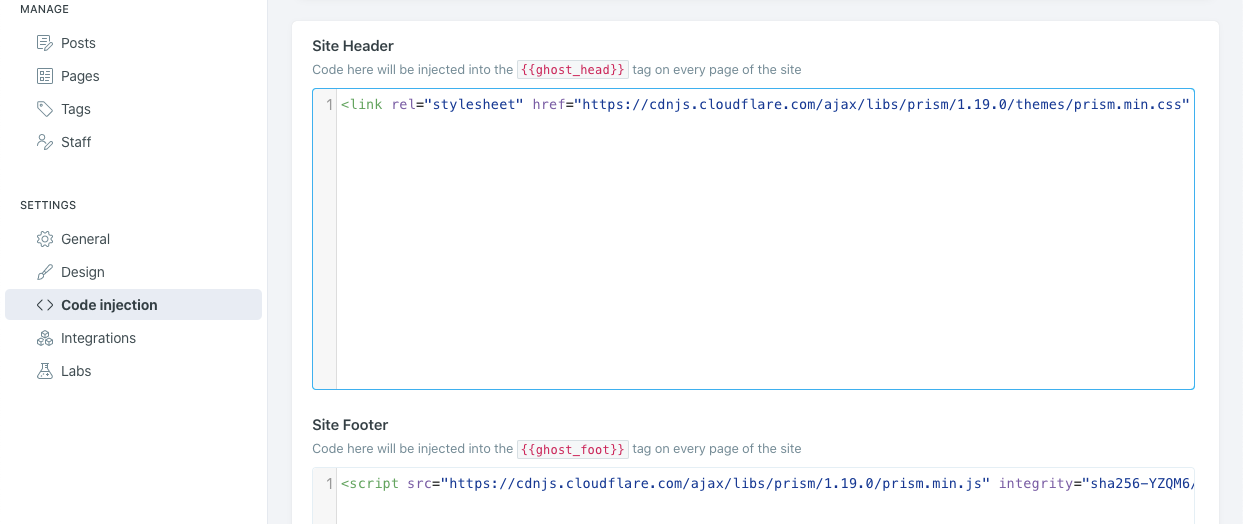 Code Injection view in Ghost editor, with the CSS and script tags added to Site Header and Site Footer respectively