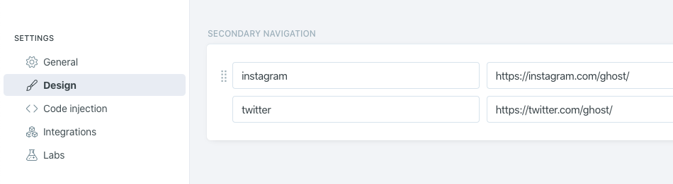 Secondary navigation within Ghost admin