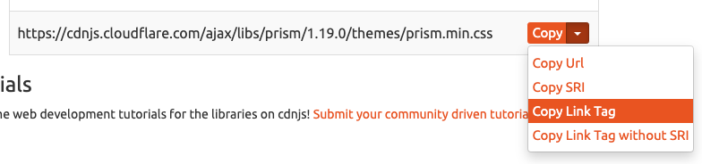 Dropdown on cdnjs.com showing how to copy the CSS link tag