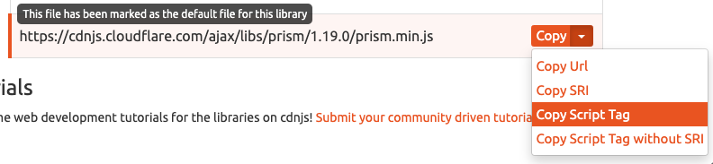 Dropdown on cdnjs.com showing how to copy the script tag