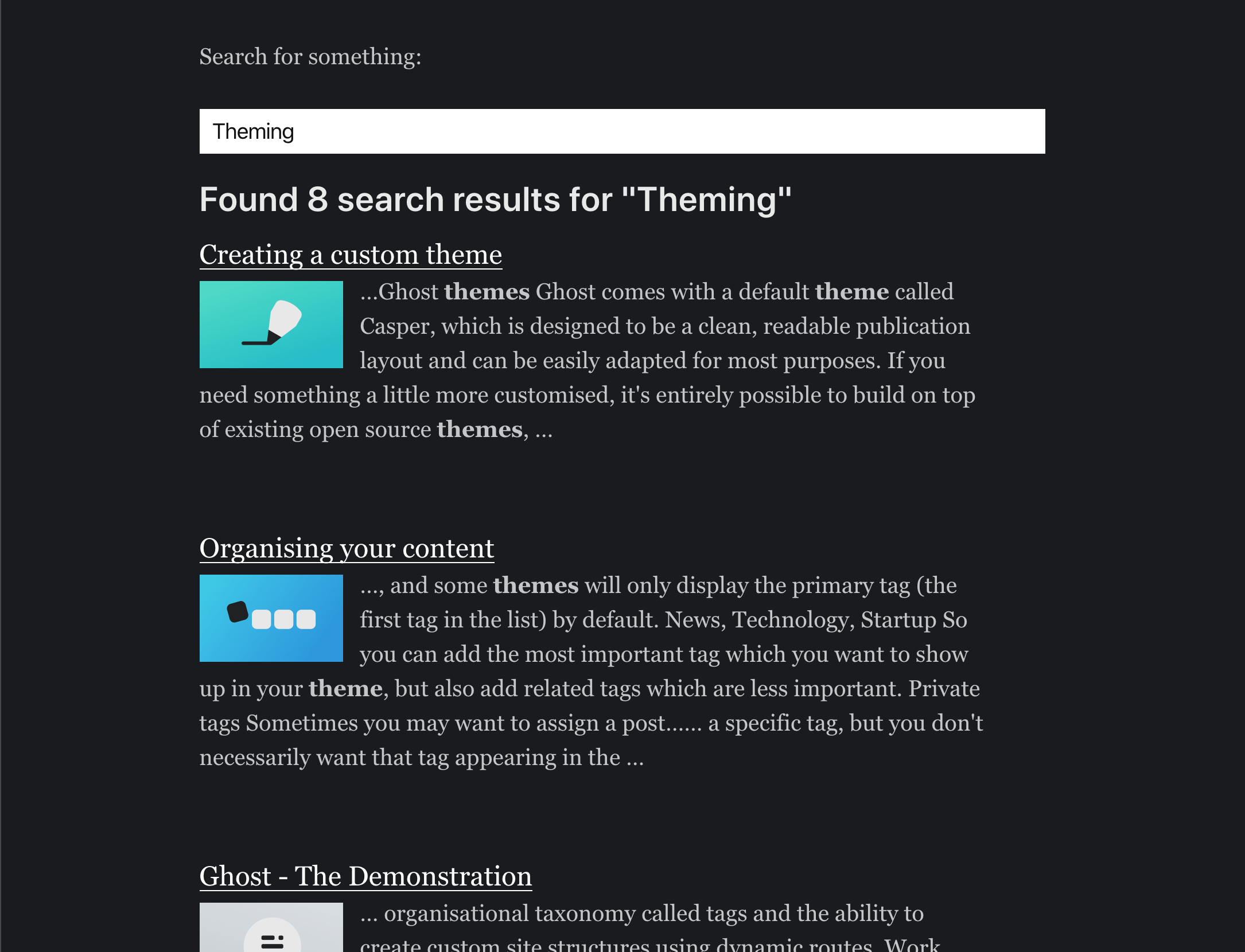 Example of search functionality on a Ghost site