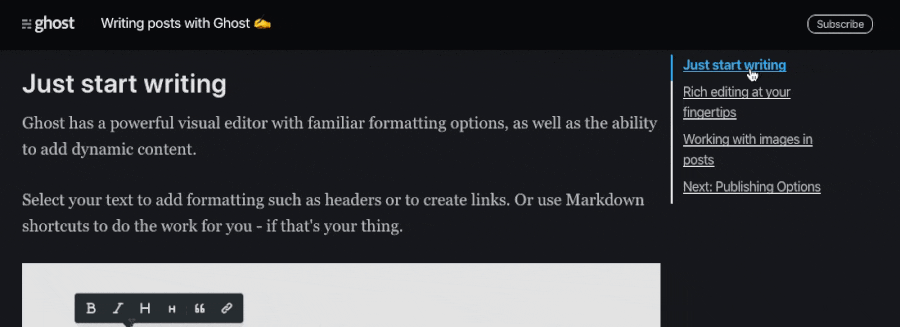 Example of a table of contents beside a post