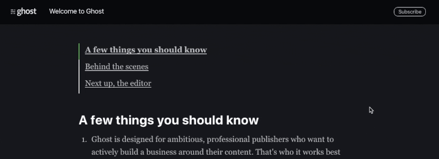 A table of contents being clicked on and the view scrolling down to the relavent section
