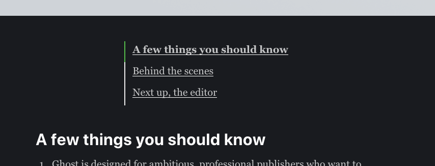 A table of contents being rendered above the post content