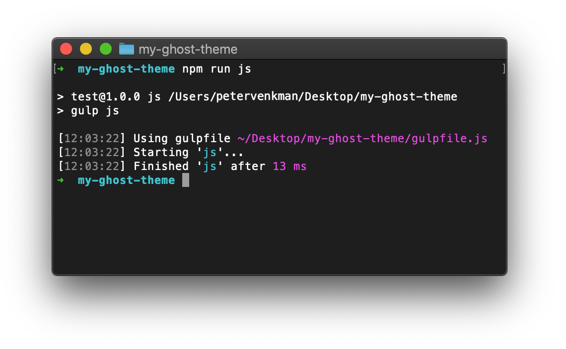 Example of the logs shown in a CLI after running the gulp js command