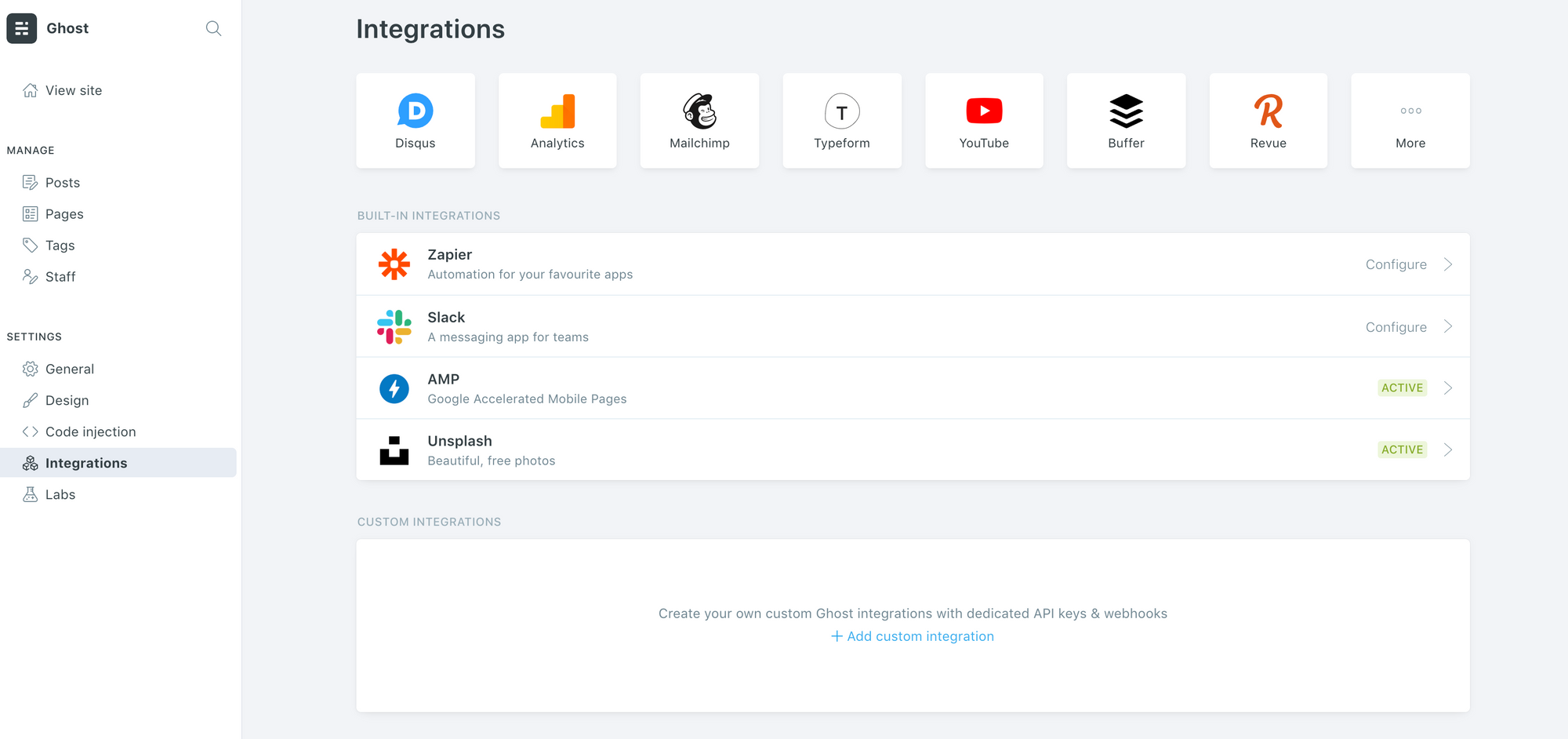 Integrations view in Ghost admin