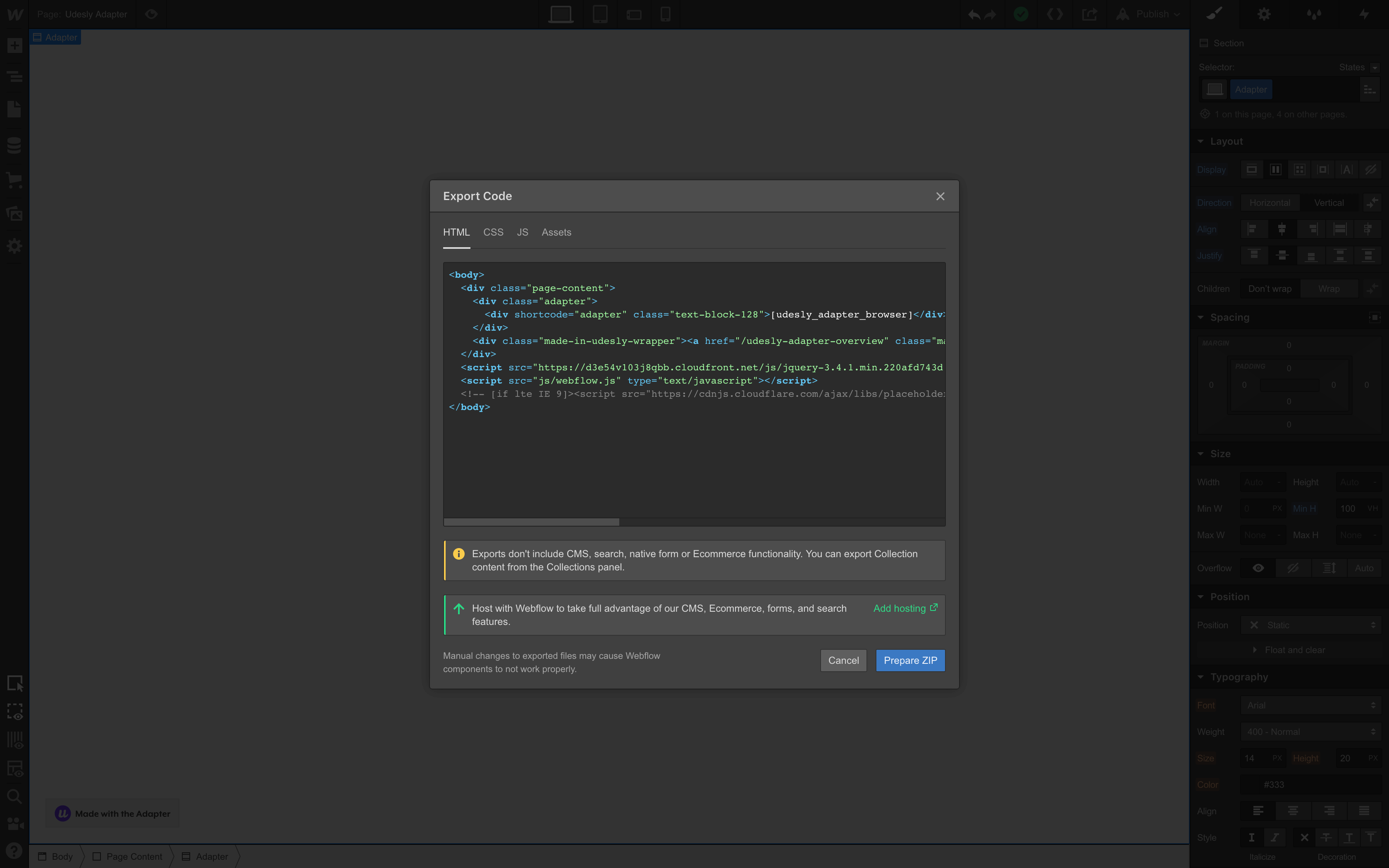 Exporting code from Webflow