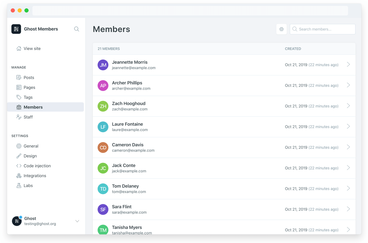 The member management dashboard in Ghost